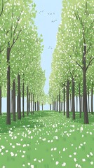 Obraz premium Path of Serenity: A verdant, idyllic scene unfolds as a row of flourishing trees create a natural pathway, offering a journey through the tranquil embrace of nature. 