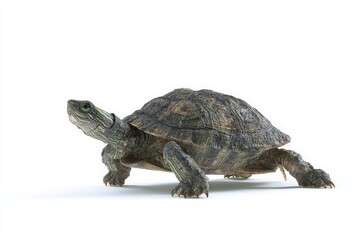 Naklejka premium A turtle slowly makes its way across a white background.