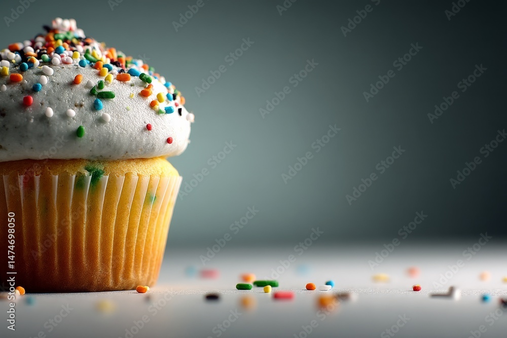Poster Colorful cupcake with sprinkles on a table under soft lighting in a minimalistic setting
