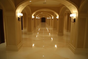Elegant, spacious hallway with arched ceilings and polished marble floors