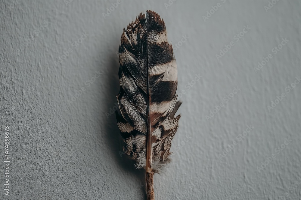 Poster Unique feather with intricate patterns resting against a textured wall in a softly lit room