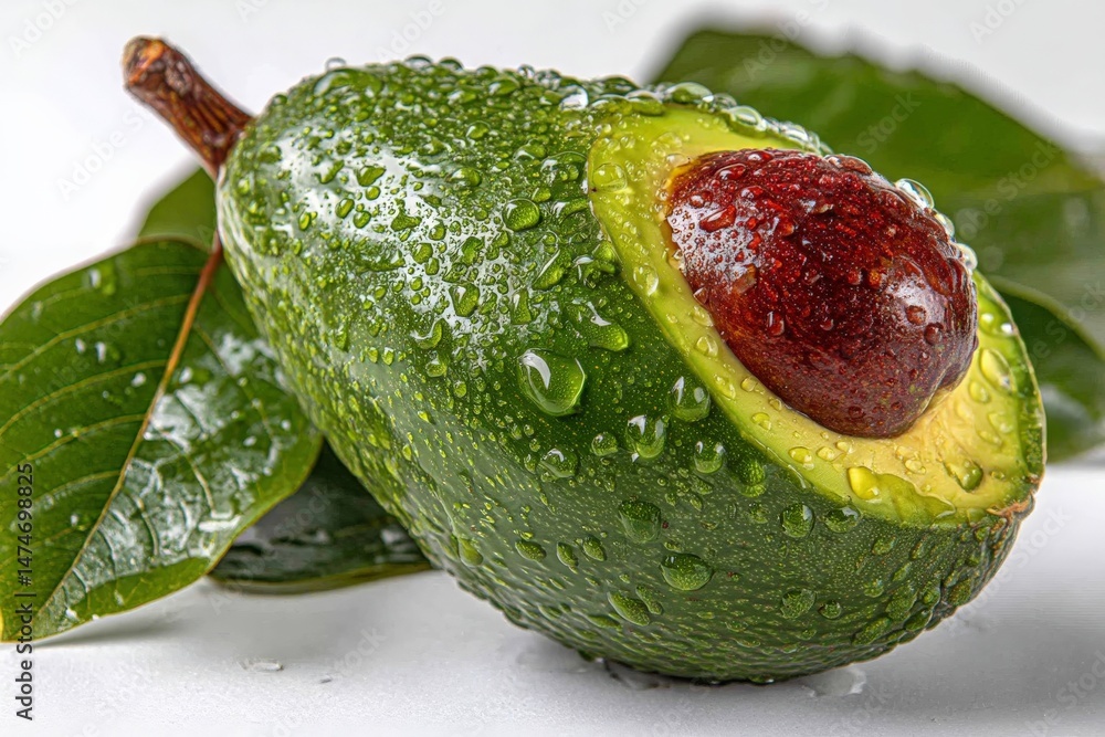 Poster fresh avocado with droplets resting on green leaves in a bright light setting