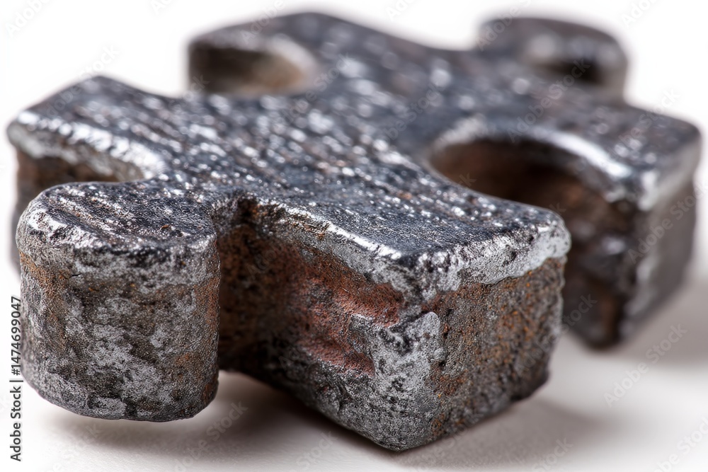 Poster close-up of a metallic puzzle piece highlighting texture and detail on a neutral background