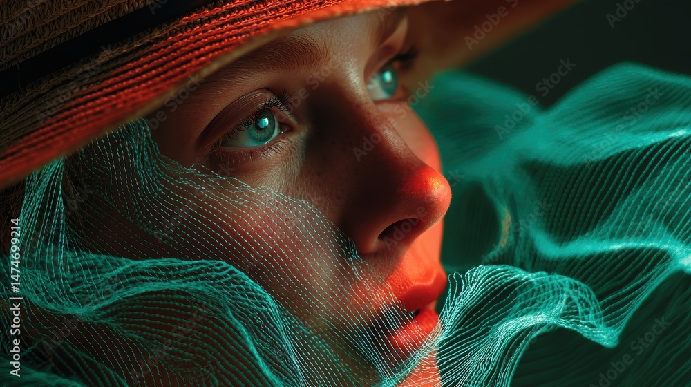 Poster technology style whit net glowing wave,glowing line glow wave,glow line , close up face of happy young woman hides behind a straw hat,photo stocks