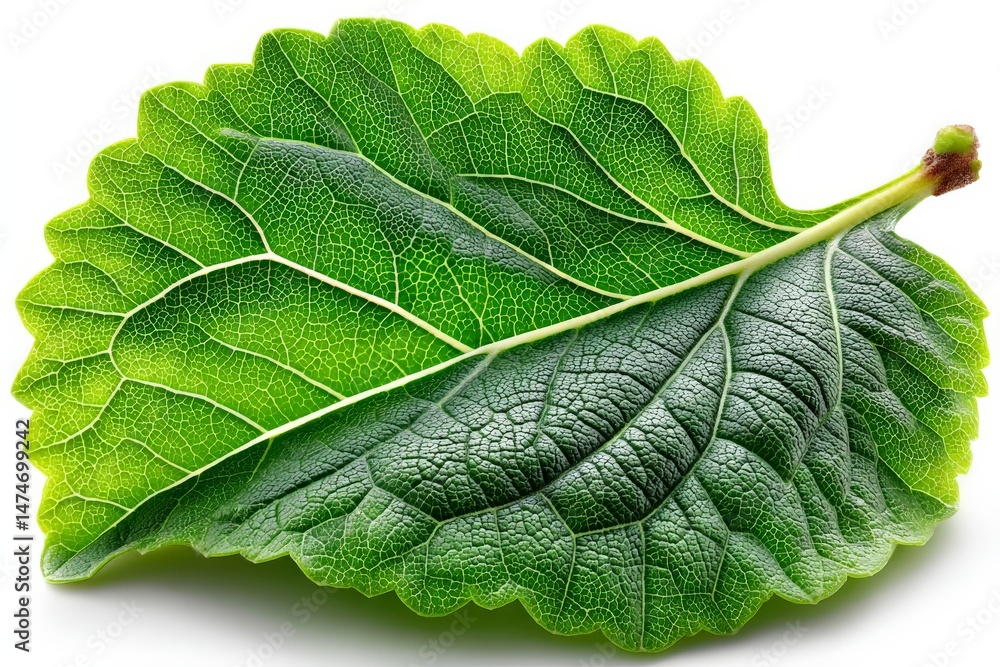 Poster close-up view of a vibrant green leaf showcasing intricate patterns and textures under natural light