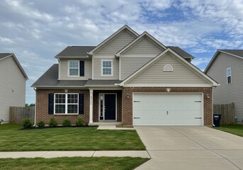 Fototapeta premium A two story house with brick and siding and a two car garage under a partly cloudy blue sky day view
