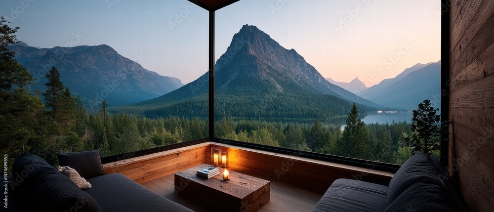 Poster modern lounge at dusk showcasing large windows with stunning mountain and forest views in tranquil s