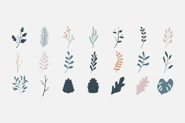 Winter floral collection with decorative foliage and flowers. Natural branches leaves and berries elements. Cute pastel plants with snowflake. Flower and leaf Herbs and branch botanical illustration.