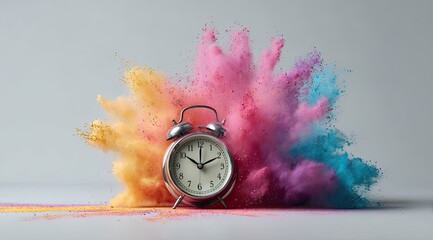 Colorful explosion surrounds a classic alarm clock