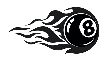 Fire billiard black ball icon. Burning eighth ball for pool. Vector logo design element on transparent background