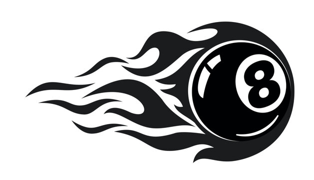 Fire billiard black ball icon. Burning eighth ball for pool. Vector logo design element on transparent background