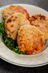 Meat cutlets pork, beef, chicken, lamb fried meat dish fresh delicious gourmet food background on the table rustic food top view copy space