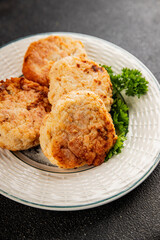 Meat cutlets pork, beef, chicken, lamb fried meat dish fresh delicious gourmet food background on the table rustic food top view copy space