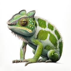 Obraz premium Detailed depiction of a vibrant green chameleon against a stark white backdrop