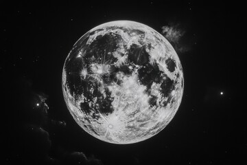 Fototapeta premium Full moon in a night sky. Detailed view of lunar surface with craters and subtle variations in light and shadow. Sparse stars and faint clouds around the moon