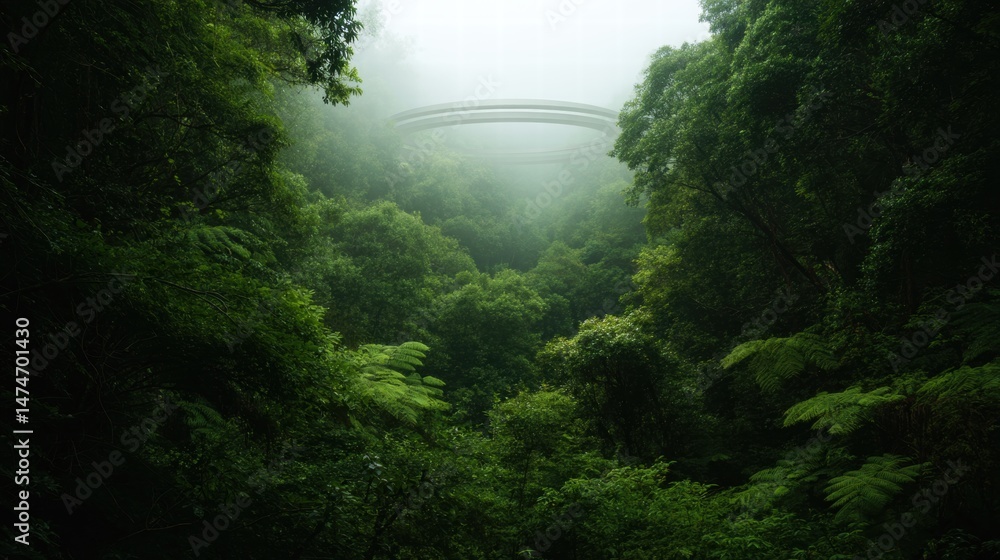 Poster mysterious alien spacecraft hovering over dense forest in foggy atmosphere