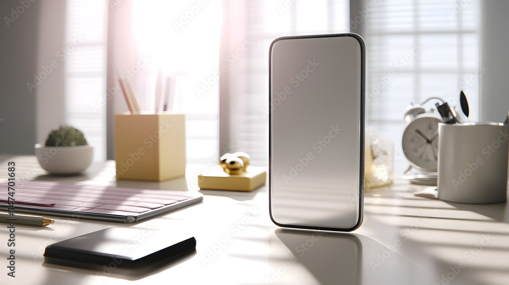 Poster modern workspace composition: a modern workspace with a sleek smartphone front and center, offering 