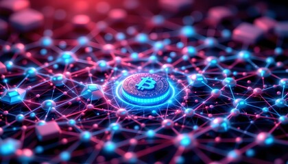 3d illustration, blockchain network, low poly triangles grid, interconnected glowing blue nodes, abstract internet munication, radiant pink light, shimmering rays, panoramic view, isometric, polished