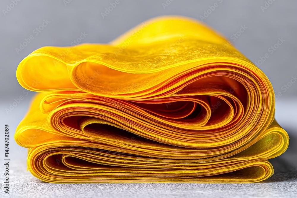 Aufkleber Bright yellow folded fabric displaying smooth texture and a vibrant color in a minimalist setting