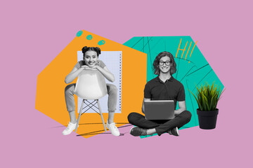 Collage two people engaged in social media chat representing conversation digital connection...