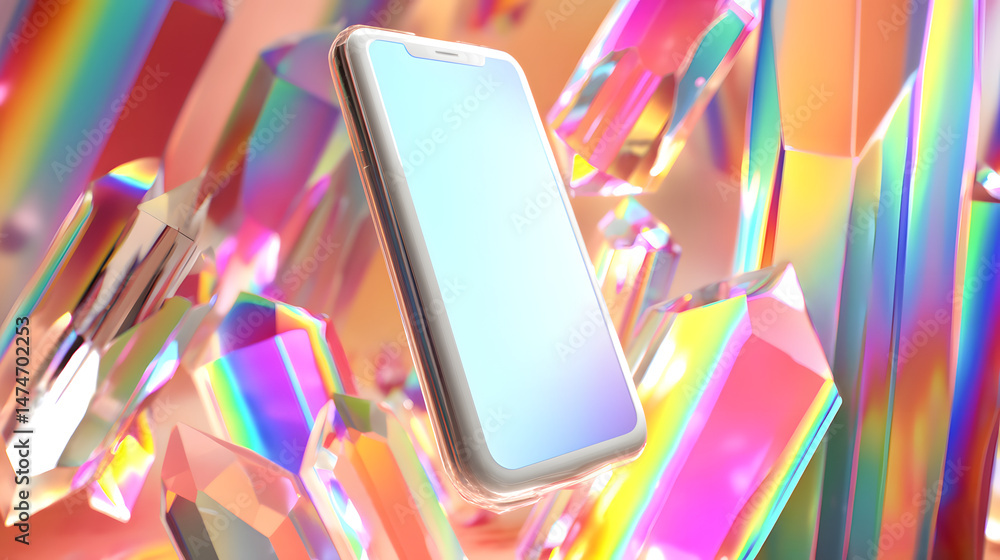 Aufkleber smartphone in crystal prism: a modern smartphone with a blank screen floats amidst a vibrant array o