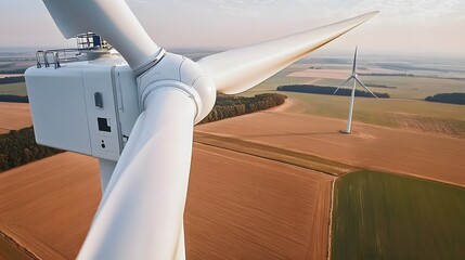 Elevated view of a wind turbine blade and nacelle over agricultural fields.