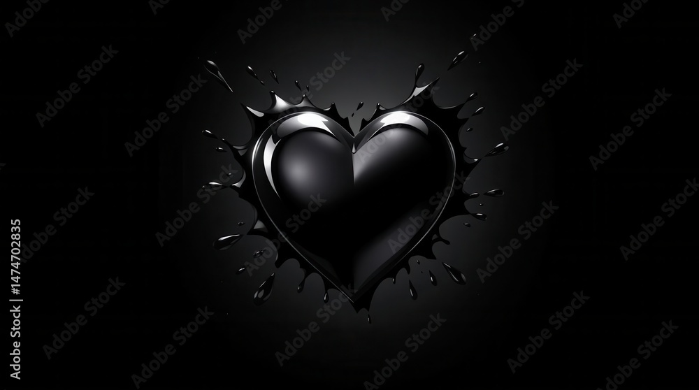Poster glossy black heart shape with a splash effect surrounding it, set against a dark background creating