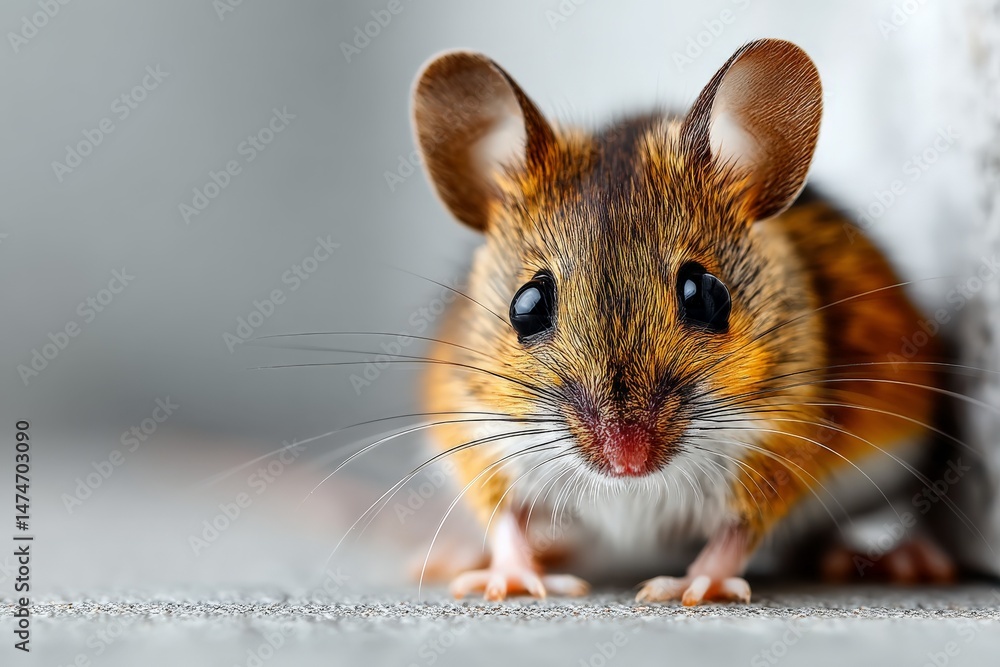 Poster small brown mouse with unique coloration observed in natural light on a gray surface during the dayt