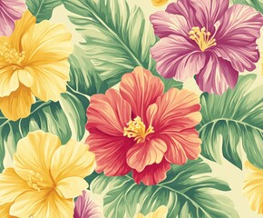 Vibrant floral pattern featuring hibiscus blossoms in shades of yellow, pink, and red, set against a backdrop of lush green tropical leaves