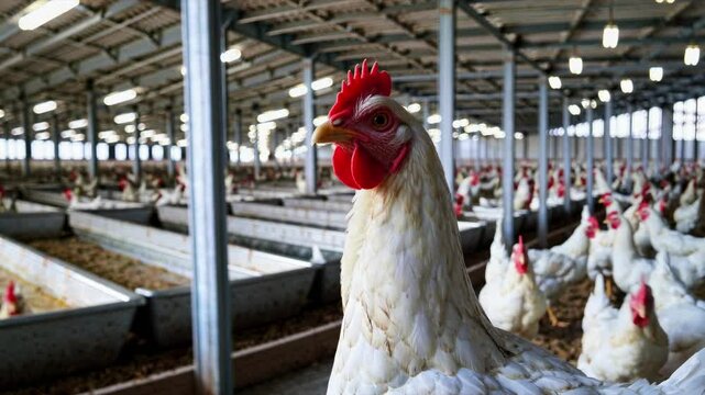Wide-angle shot of a chicken farm interior, focusing on a single chicken in the foreground. The video captures the vastness of the poultry facility.