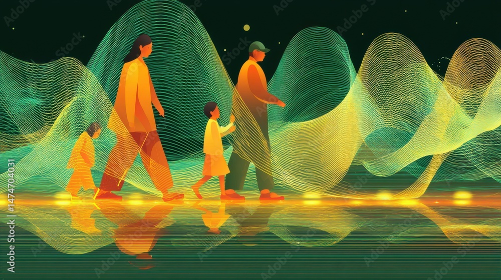 Poster technology style whit net glowing wave,glowing line glow wave,glow line , family having fun with chi