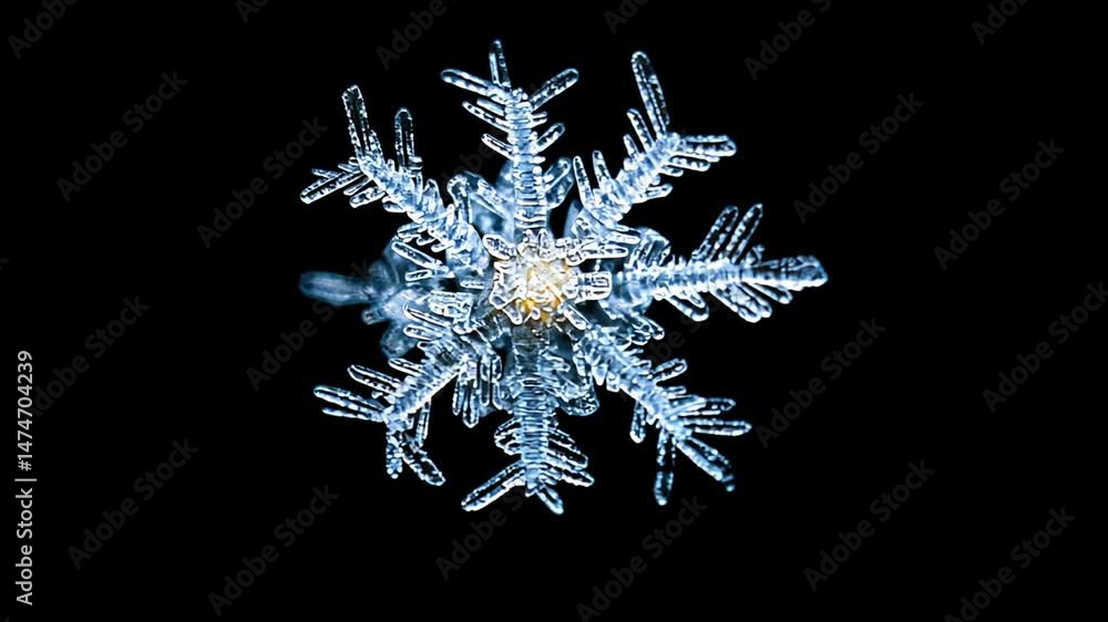 Poster observing sparkling snowflake on black background in macro