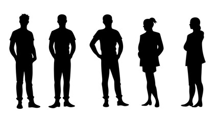 Silhouettes of men and a women.A group of standing business people.
