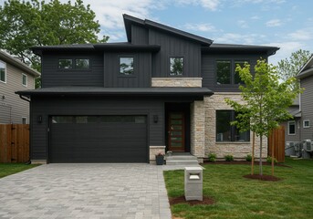 A modern two story house with dark siding and a stone facade on a sunny day with a green lawn