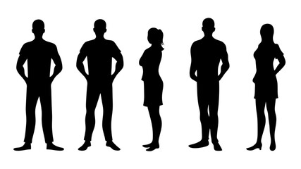 Silhouettes of men and a women.A group of standing business people.