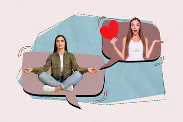 Trendy art creative full zine photo collage of happy girl guy stand bubble communication chat...