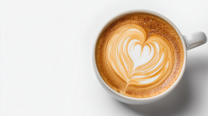 A cup of latte with heart-shaped latte art, bird's eye angle
