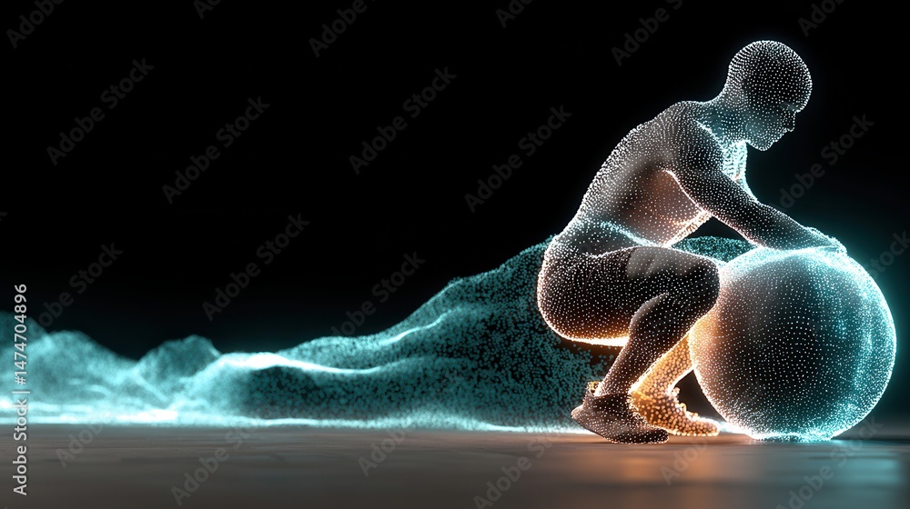 Poster technology style whit net glowing wave,glowing line glow wave,glow line , fitness man doing squat with heavy ball.stock image