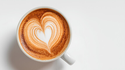 A cup of warm cappuccino with heart-shaped latte art, bird's eye angle