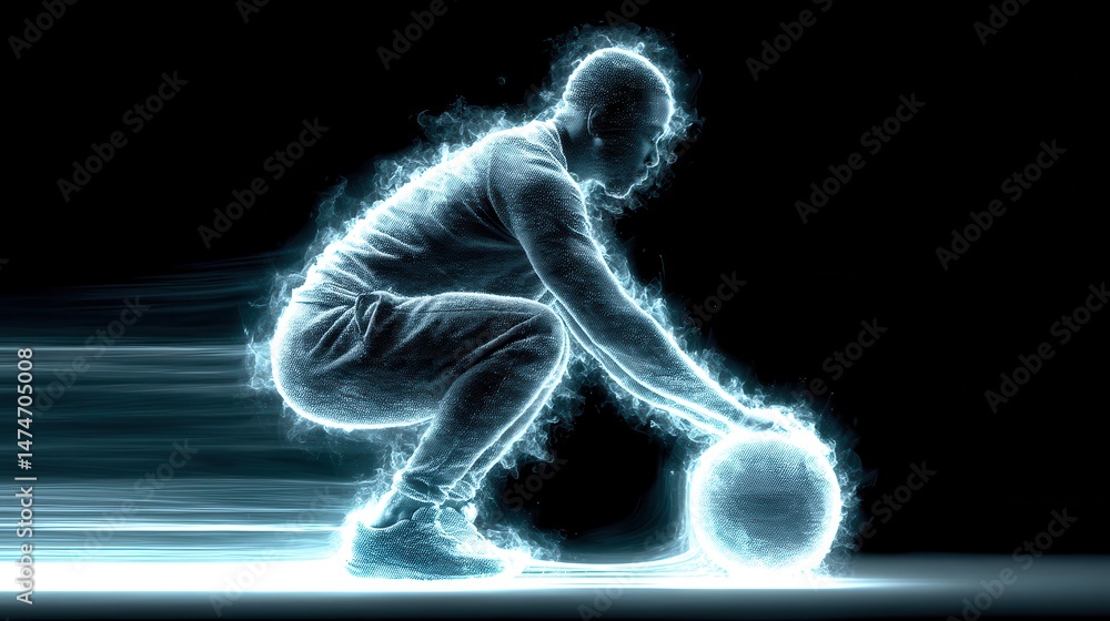 Poster technology style whit net glowing wave,glowing line glow wave,glow line , fitness man doing squat wi