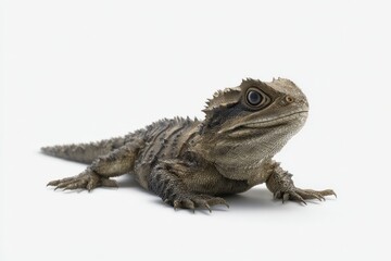 Close-up of a young tuatara lizard on a white background.