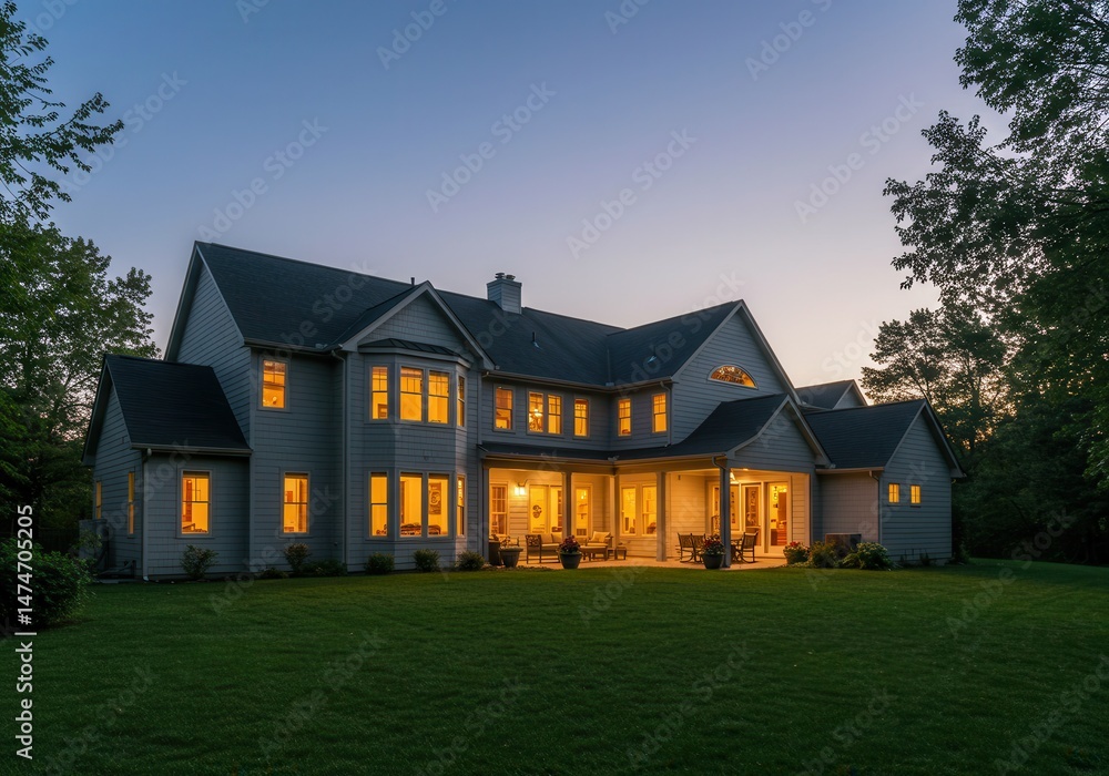Poster a large house with lights on at dusk showing the lawn and trees surrounding the property outside vie