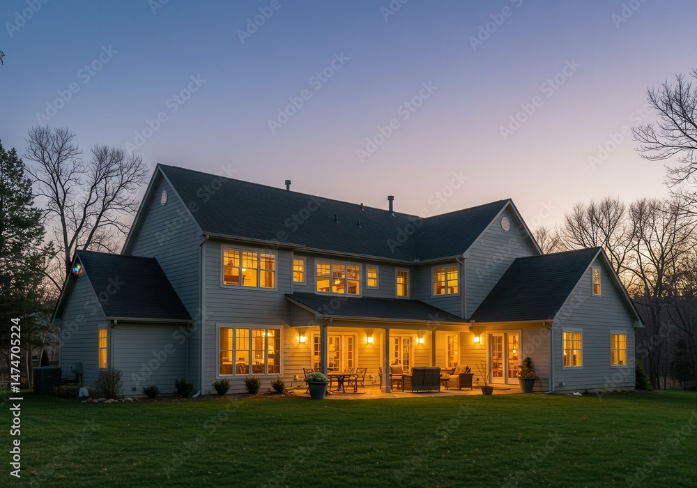 Aufkleber backyard view of a large house with lights on at dusk showing a well kept lawn and trees around it