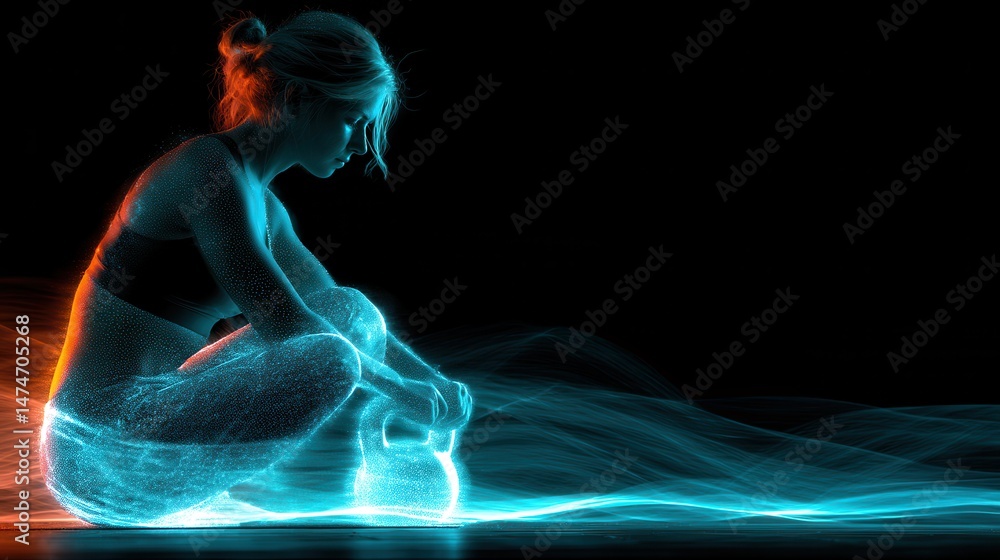 Poster technology style whit net glowing wave,glowing line glow wave,glow line , fitness woman squatting wi