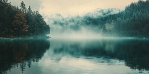 Fototapeta premium Foggy Lake Reflections with Trees and Mountains