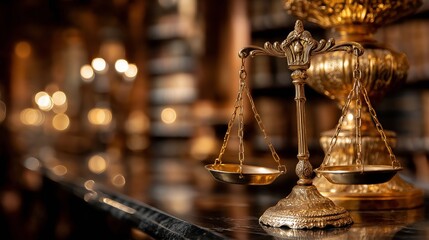 Scales of Justice in Library. Law concept of Judiciary, Jurisprudence and Justice. Copy space.Based on Generative AI