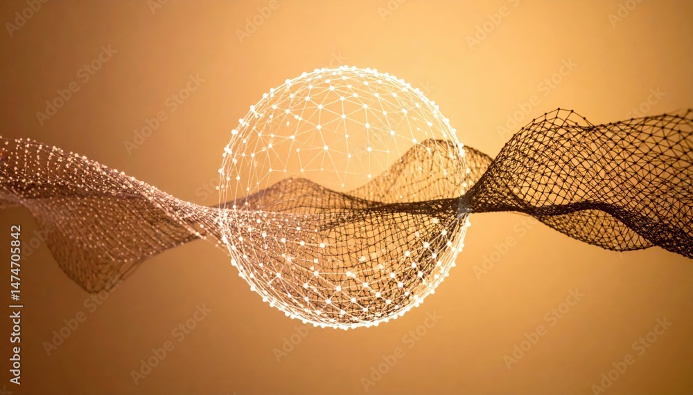Poster dynamic wave patterns and sphere visualization abstract studio setting digital art energetic environ
