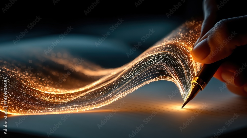 Poster technology style whit net glowing wave,glowing line glow wave,glow line , hand writing on notepad,stock photo