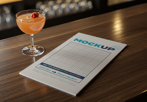 Food Drink Menu on Bar with Cocktail Mockup