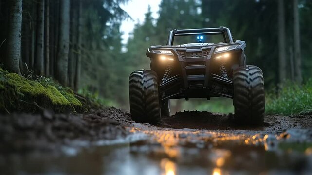 A self-driving robotic ATV with large rugged wheels making its way up a muddy forest trail, using AI to adjust speed and traction.